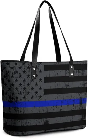 Handbags Gift for Women, Hobo Tote Shoulder Bag Travel Weekender Bag Overnight Bag Soft PU Leather Roomy Tote Satchel Briefcase (Thin Blue Line Vintage Retro American Flag Black)