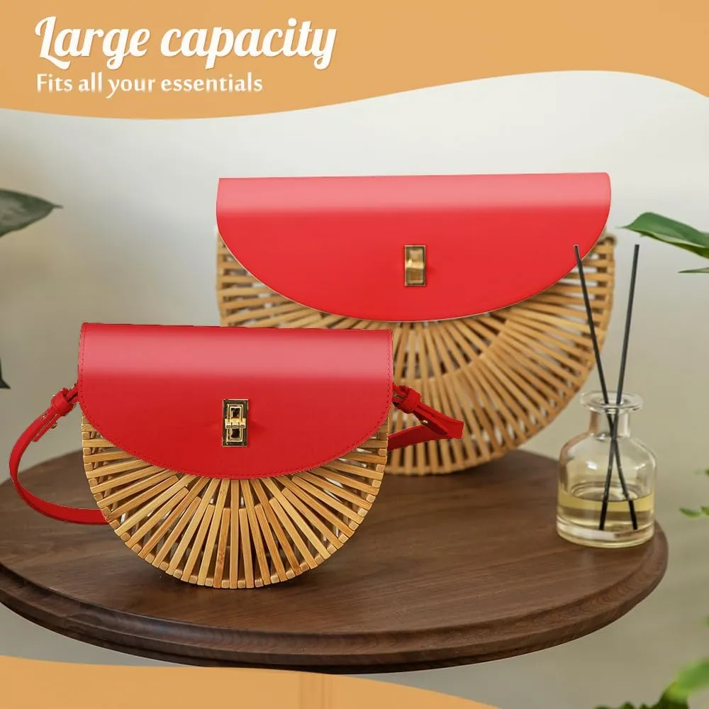 Handwoven Bamboo Bag Summer Straw Purse Crossbody Bags for Women Natural Handmade Beach Bamboo Purse with Leather Strap