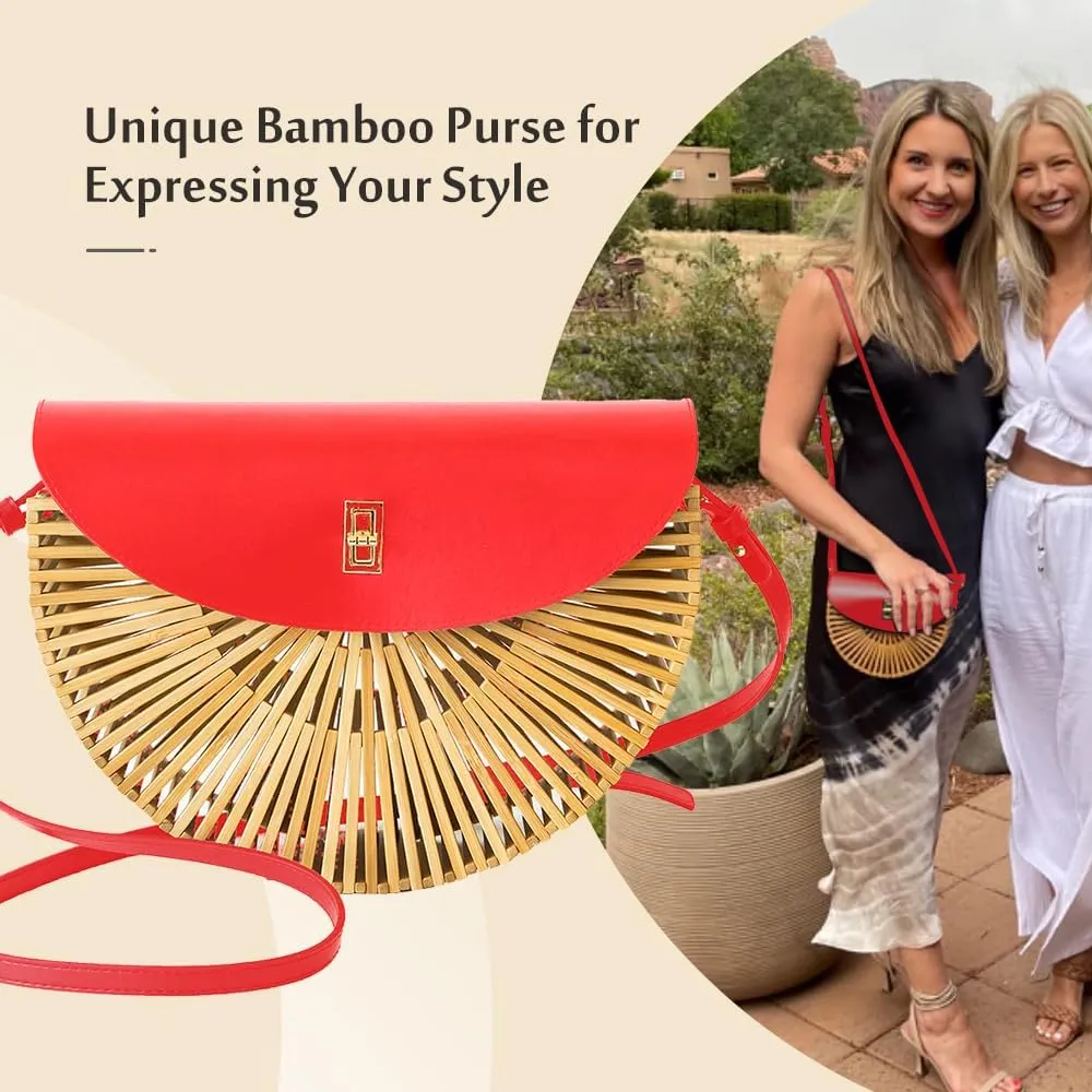 Handwoven Bamboo Bag Summer Straw Purse Crossbody Bags for Women Natural Handmade Beach Bamboo Purse with Leather Strap