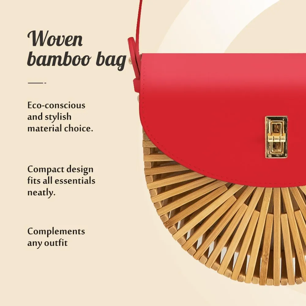 Handwoven Bamboo Bag Summer Straw Purse Crossbody Bags for Women Natural Handmade Beach Bamboo Purse with Leather Strap