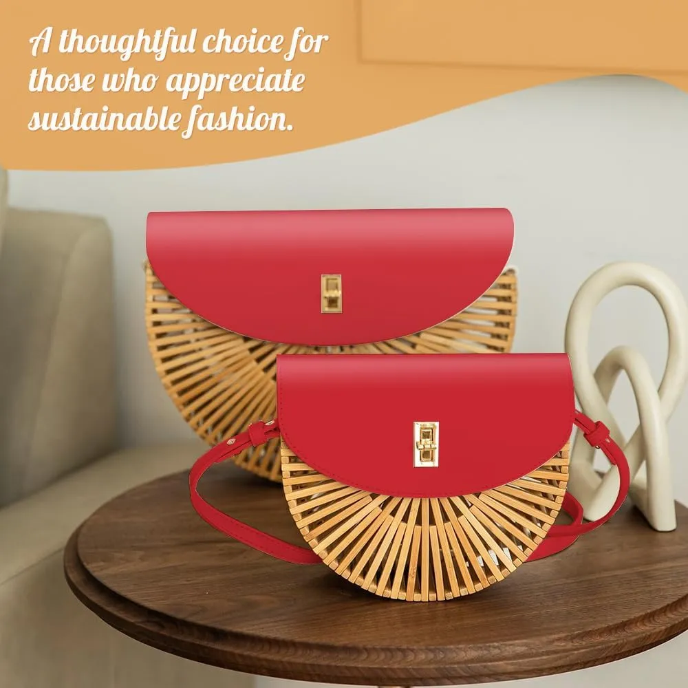 Handwoven Bamboo Bag Summer Straw Purse Crossbody Bags for Women Natural Handmade Beach Bamboo Purse with Leather Strap
