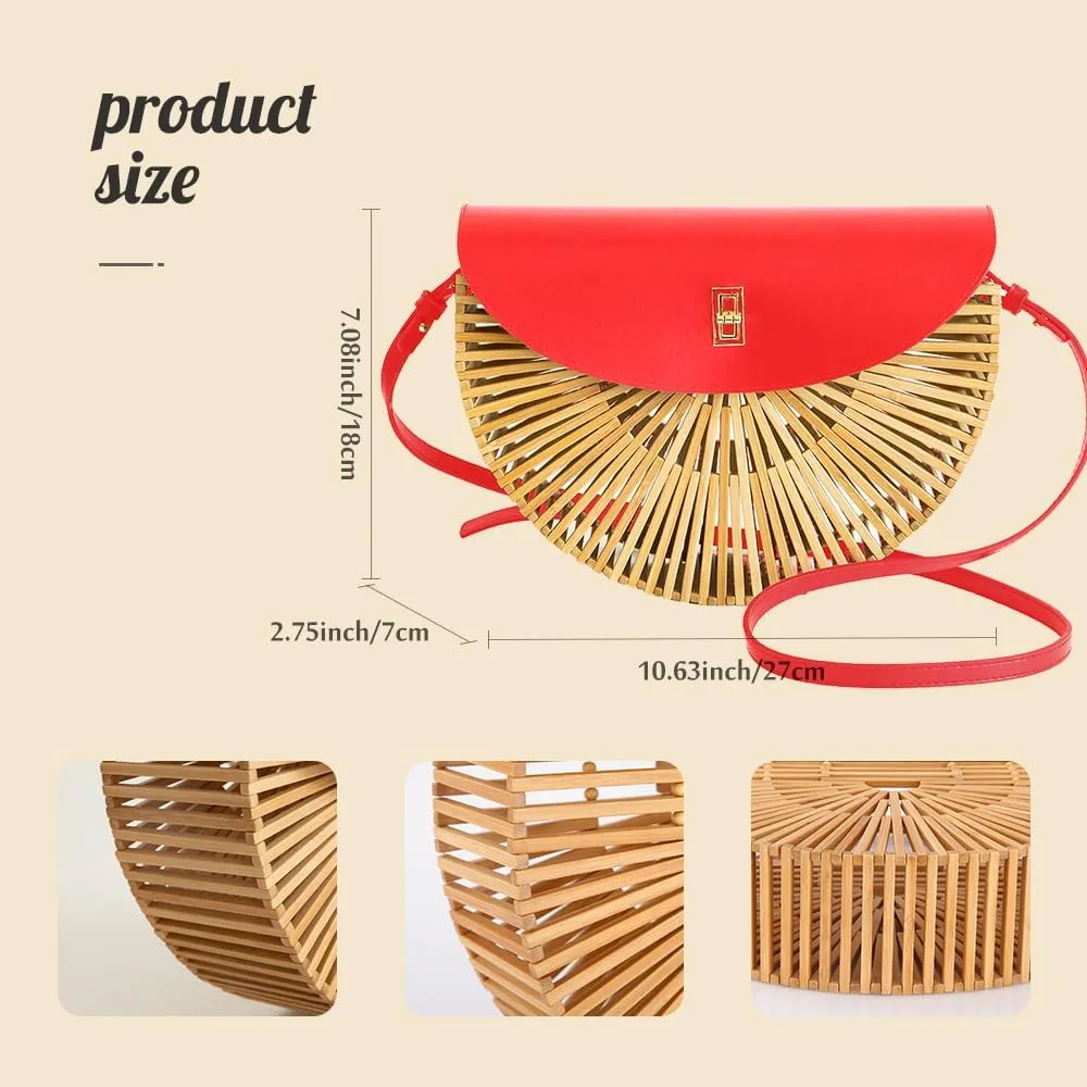 Handwoven Bamboo Bag Summer Straw Purse Crossbody Bags for Women Natural Handmade Beach Bamboo Purse with Leather Strap