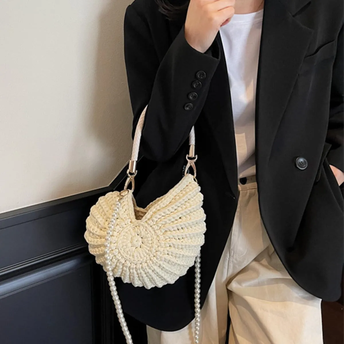 Handwoven Fashion Seashell Bag,Boho Clutch with Pearl Strap,Crochet Beach Bags with Leather Handle & Premium Hardware