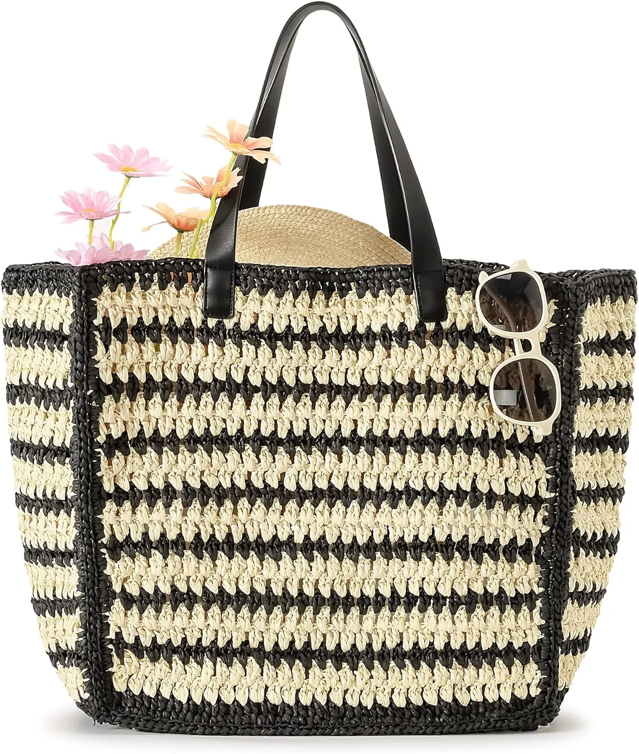Herald Large Handmade Straw Tote Handbag for Women, Summer Beach Weaving Chic Woven Shoulder Purse Bags for Travel Vacation