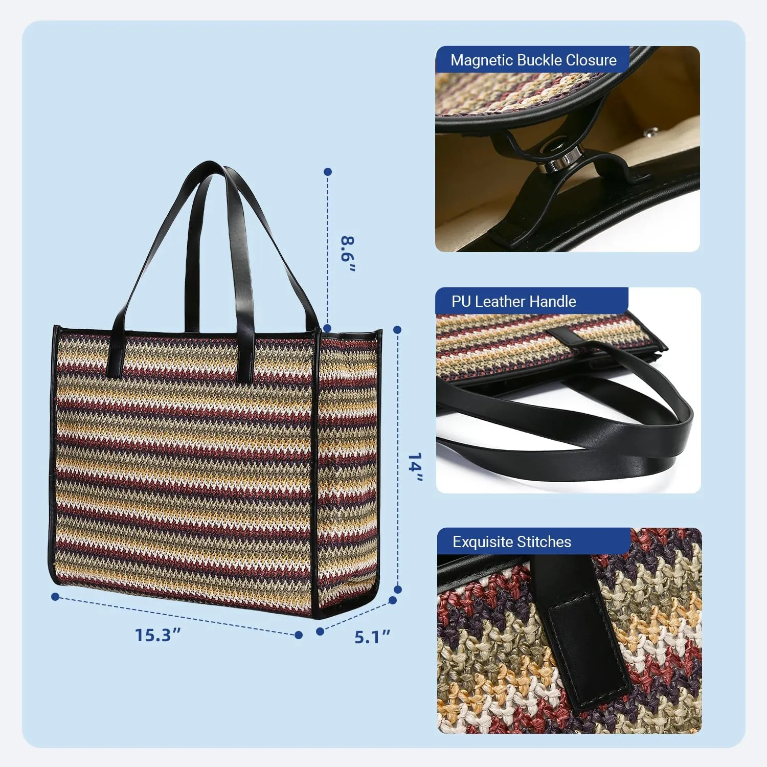 Herald Large Handmade Straw Tote Handbag for Women, Summer Beach Weaving Chic Woven Shoulder Purse Bags for Travel Vacation