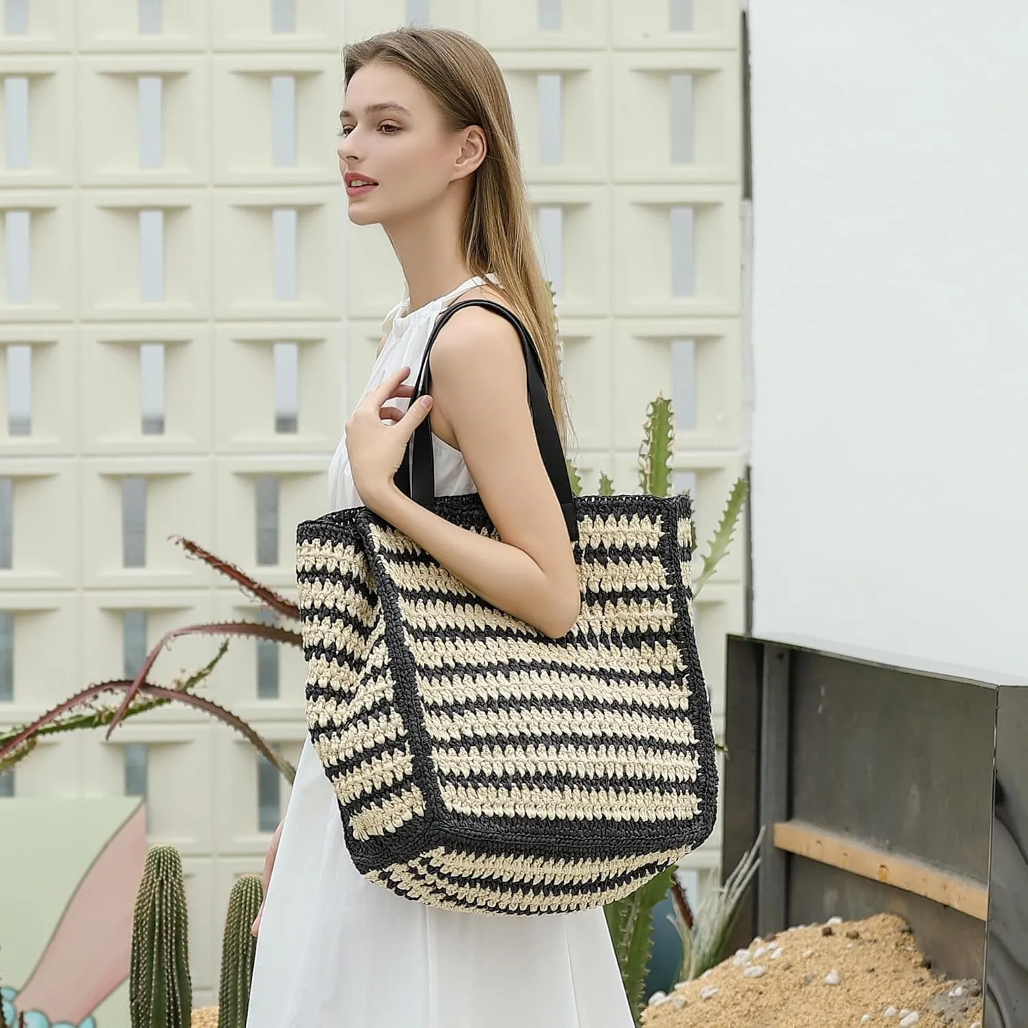 Herald Large Handmade Straw Tote Handbag for Women, Summer Beach Weaving Chic Woven Shoulder Purse Bags for Travel Vacation