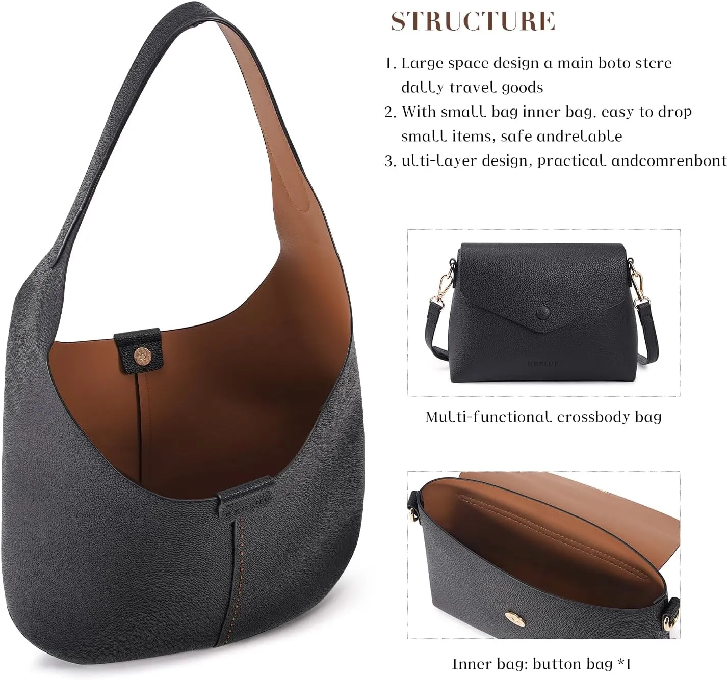HKCLUF Hobo Bags Purses for Women 2PCS/Set,Soft Vegan Leather Slouchy Shoulder Handbags with Small Crossbody Bags for Women