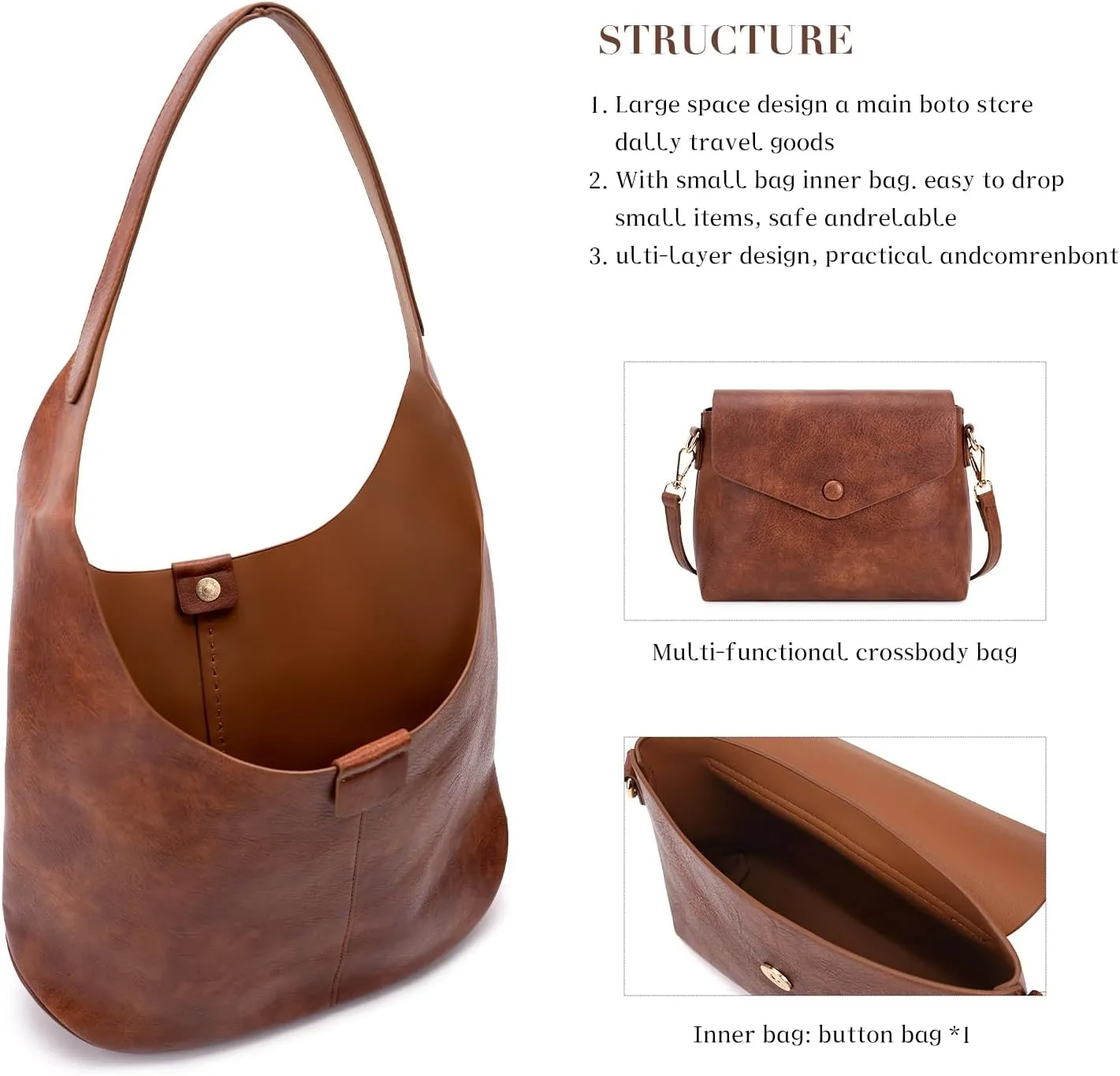HKCLUF Hobo Bags Purses for Women 2PCS/Set,Soft Vegan Leather Slouchy Shoulder Handbags with Small Crossbody Bags for Women