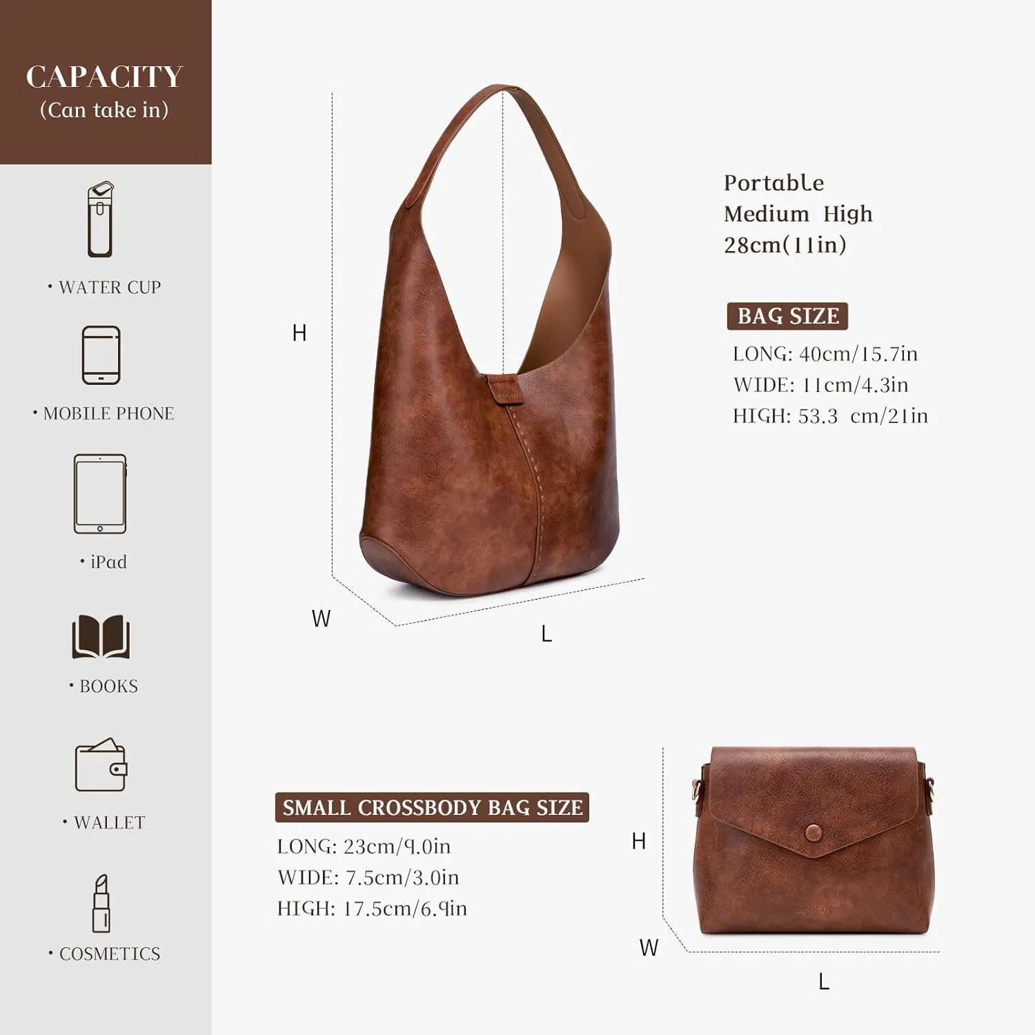 HKCLUF Hobo Bags Purses for Women 2PCS/Set,Soft Vegan Leather Slouchy Shoulder Handbags with Small Crossbody Bags for Women