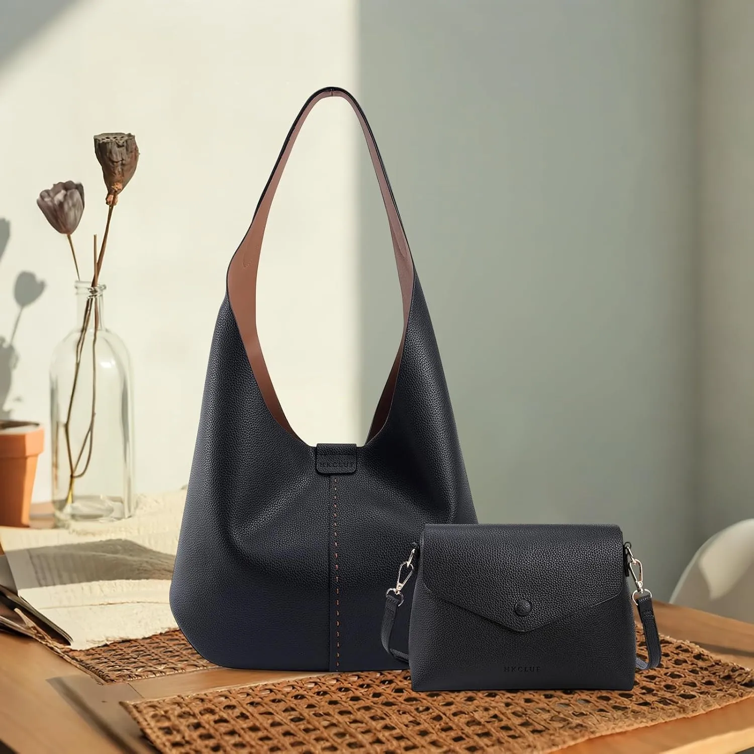HKCLUF Hobo Bags Purses for Women 2PCS/Set,Soft Vegan Leather Slouchy Shoulder Handbags with Small Crossbody Bags for Women