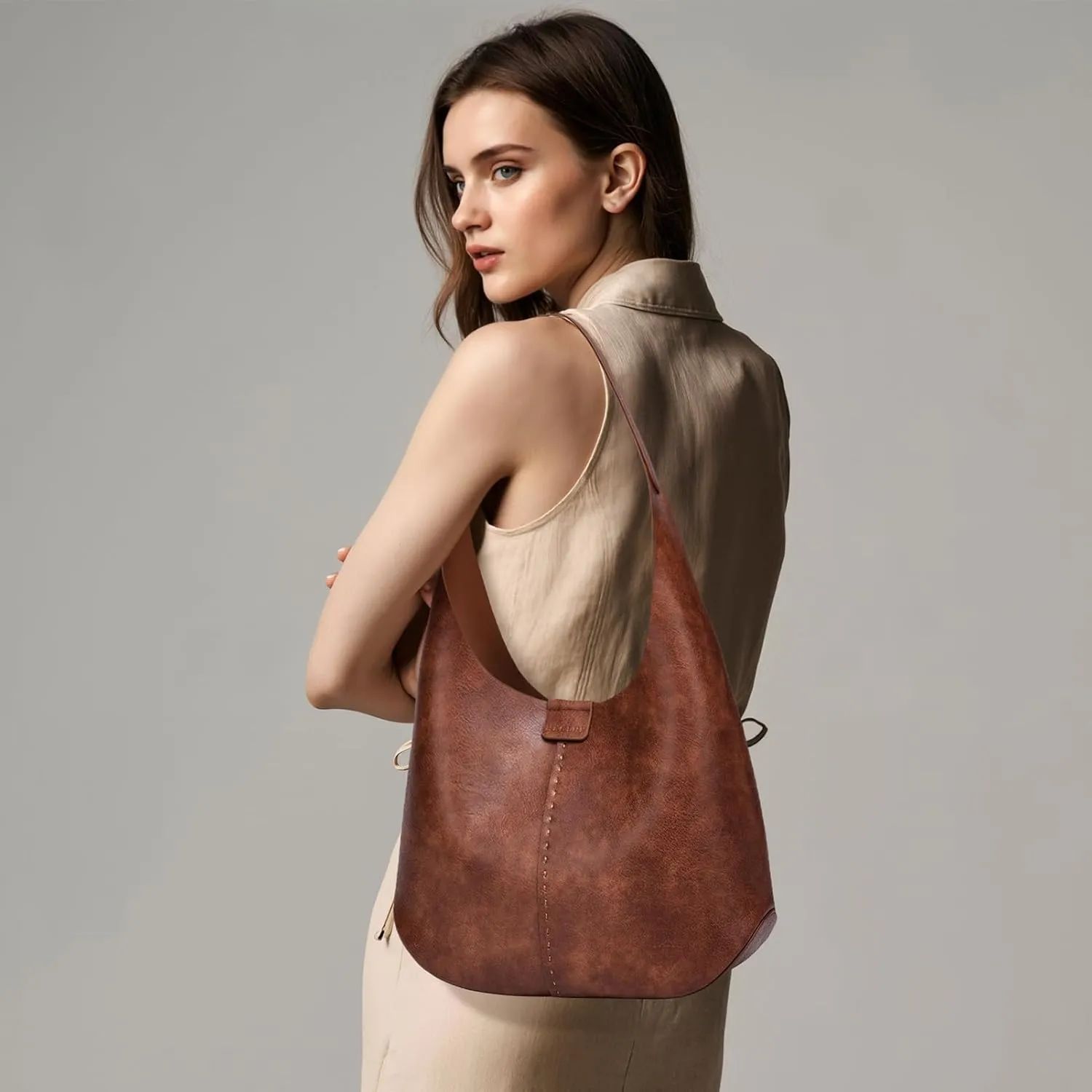 HKCLUF Hobo Bags Purses for Women 2PCS/Set,Soft Vegan Leather Slouchy Shoulder Handbags with Small Crossbody Bags for Women