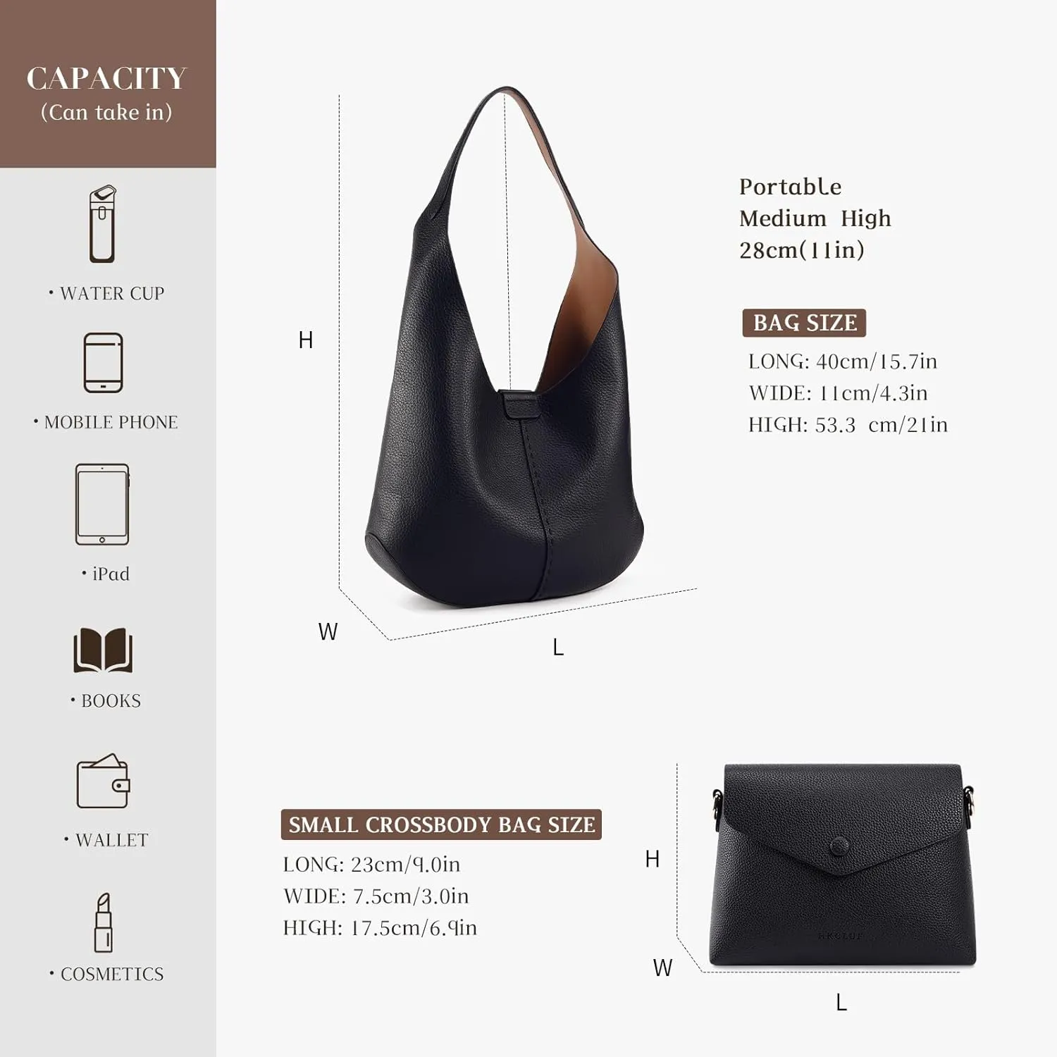 HKCLUF Hobo Bags Purses for Women 2PCS/Set,Soft Vegan Leather Slouchy Shoulder Handbags with Small Crossbody Bags for Women