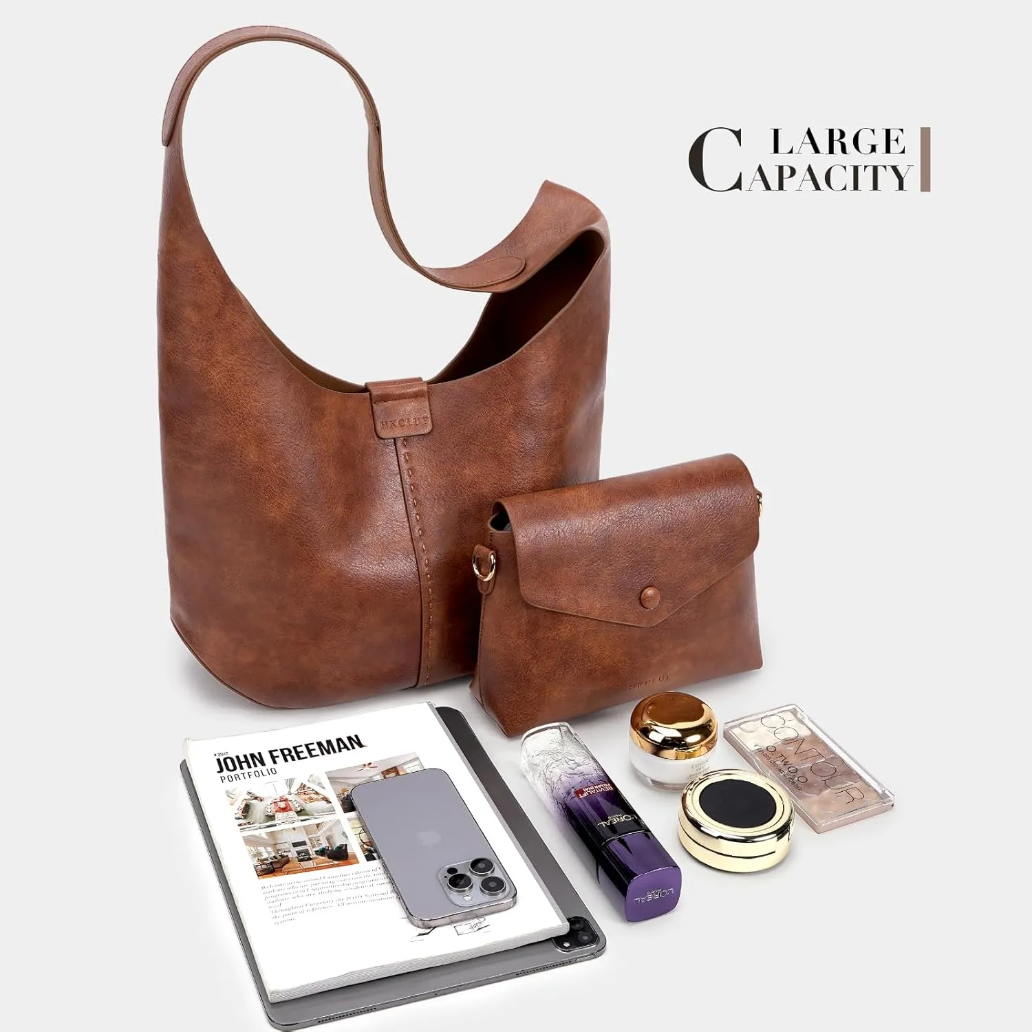 HKCLUF Hobo Bags Purses for Women 2PCS/Set,Soft Vegan Leather Slouchy Shoulder Handbags with Small Crossbody Bags for Women