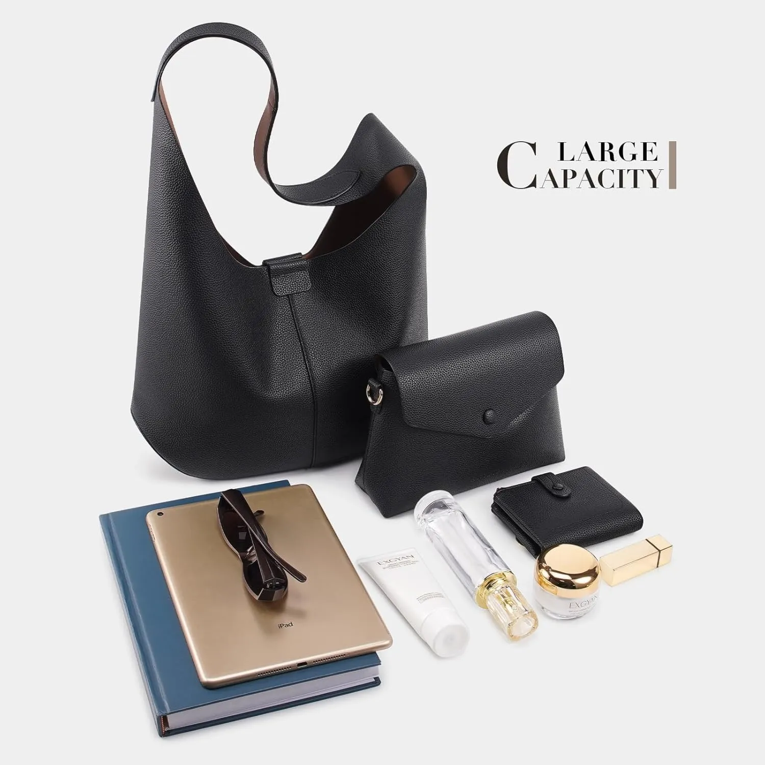 HKCLUF Hobo Bags Purses for Women 2PCS/Set,Soft Vegan Leather Slouchy Shoulder Handbags with Small Crossbody Bags for Women