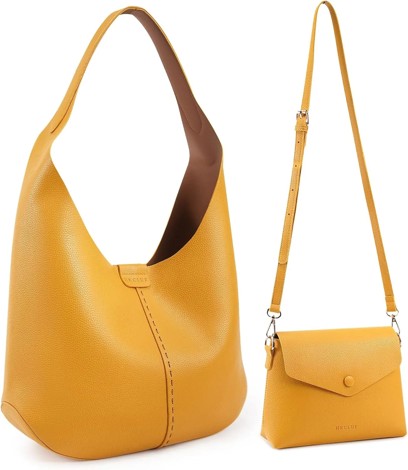 HKCLUF Hobo Bags Purses for Women 2PCS/Set,Soft Vegan Leather Slouchy Shoulder Hobo Handbags with Small Crossbody Bags for Women(yellow)