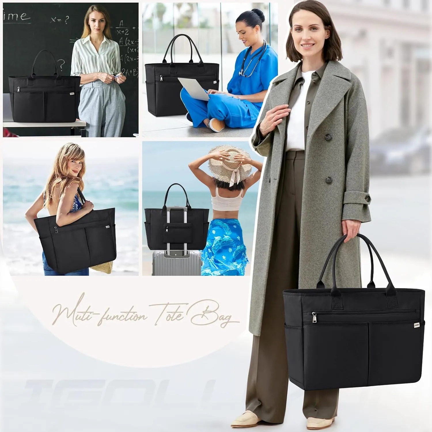 IGOLUMON Tote Bag with Zipper Large Beach Bags for Women Men 40L Waterproof Travel Gym Totes Bag Foldable Top Handle Handbag