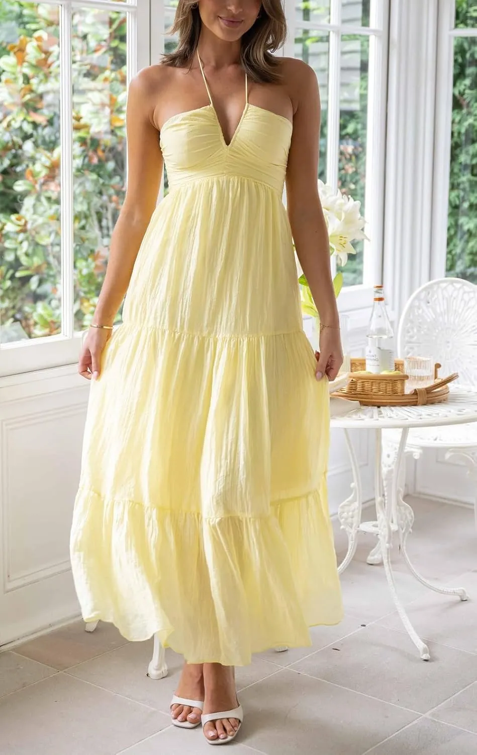 Juakoso Women Sexy Sleeveless Halter Neck Maxi Dress Backless Ruffle Hem Tiered Flowy Long Dress Summer Low Cut Sundress