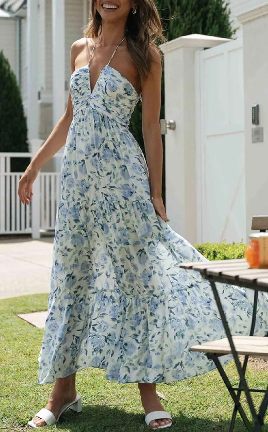 Juakoso Women Sexy Sleeveless Halter Neck Maxi Dress Backless Ruffle Hem Tiered Flowy Long Dress Summer Low Cut Sundress