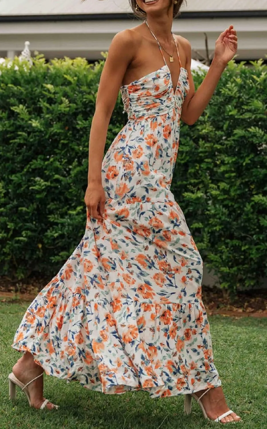Juakoso Women Sexy Sleeveless Halter Neck Maxi Dress Backless Ruffle Hem Tiered Flowy Long Dress Summer Low Cut Sundress