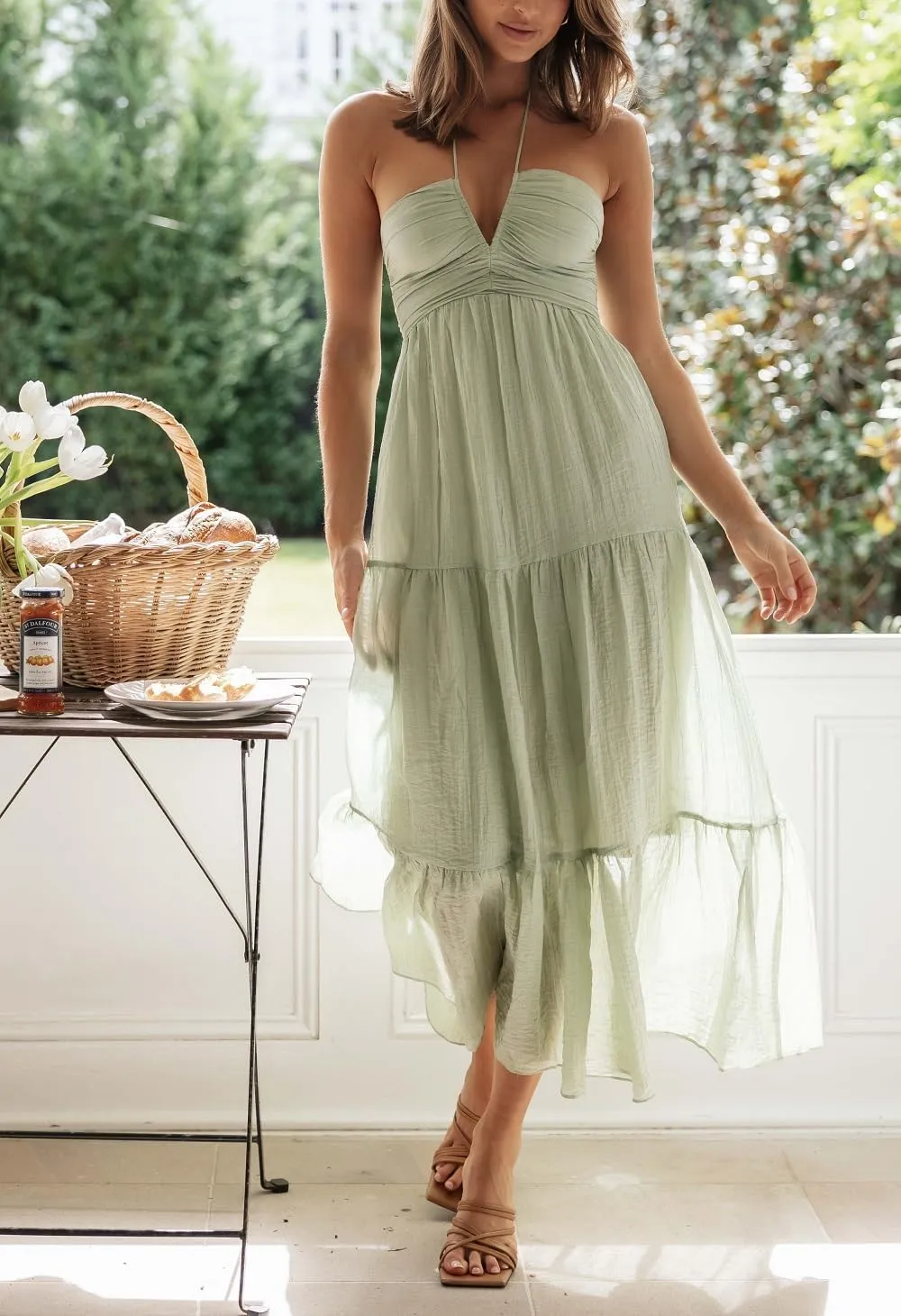 Juakoso Women Sexy Sleeveless Halter Neck Maxi Dress Backless Ruffle Hem Tiered Flowy Long Dress Summer Low Cut Sundress