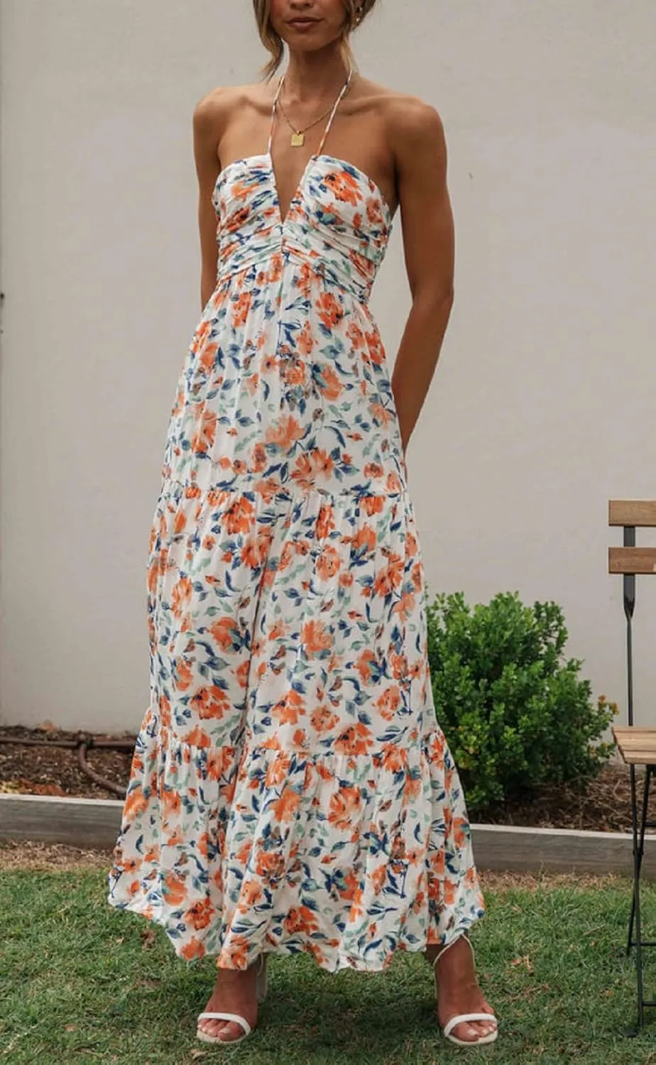 Juakoso Women Sexy Sleeveless Halter Neck Maxi Dress Backless Ruffle Hem Tiered Flowy Long Dress Summer Low Cut Sundress