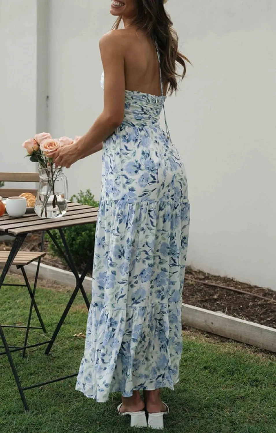 Juakoso Women Sexy Sleeveless Halter Neck Maxi Dress Backless Ruffle Hem Tiered Flowy Long Dress Summer Low Cut Sundress
