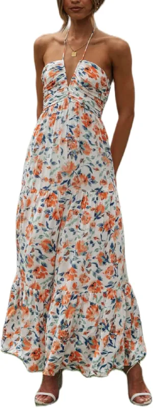 Juakoso Women Sexy Sleeveless Halter Neck Maxi Dress Backless Ruffle Hem Tiered Flowy Long Dress Summer Low Cut Sundress