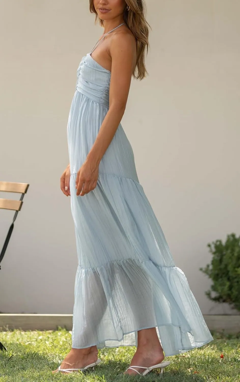 Juakoso Women Sexy Sleeveless Halter Neck Maxi Dress Backless Ruffle Hem Tiered Flowy Long Dress Summer Low Cut Sundress