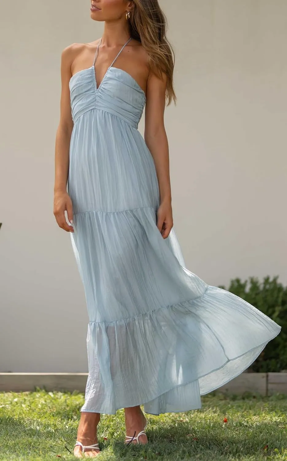 Juakoso Women Sexy Sleeveless Halter Neck Maxi Dress Backless Ruffle Hem Tiered Flowy Long Dress Summer Low Cut Sundress