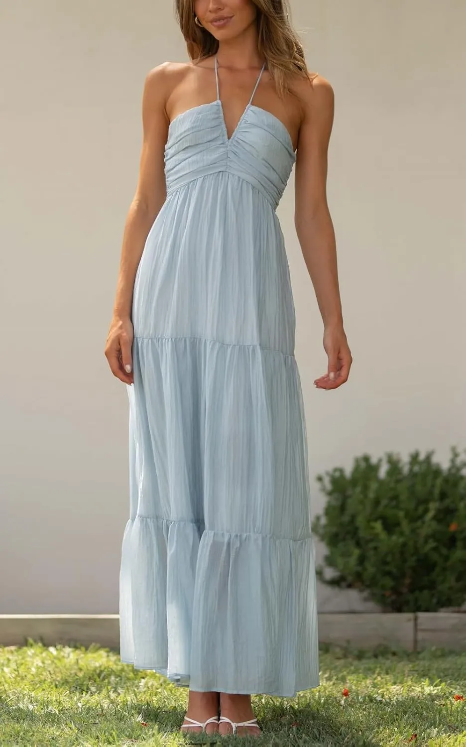 Juakoso Women Sexy Sleeveless Halter Neck Maxi Dress Backless Ruffle Hem Tiered Flowy Long Dress Summer Low Cut Sundress