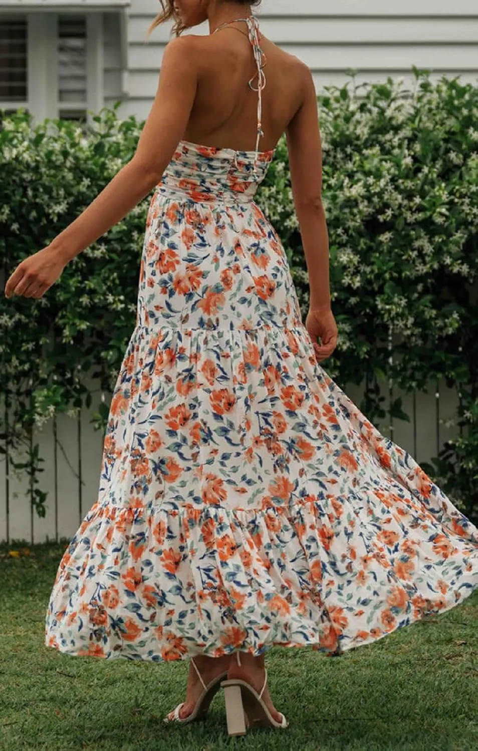 Juakoso Women Sexy Sleeveless Halter Neck Maxi Dress Backless Ruffle Hem Tiered Flowy Long Dress Summer Low Cut Sundress