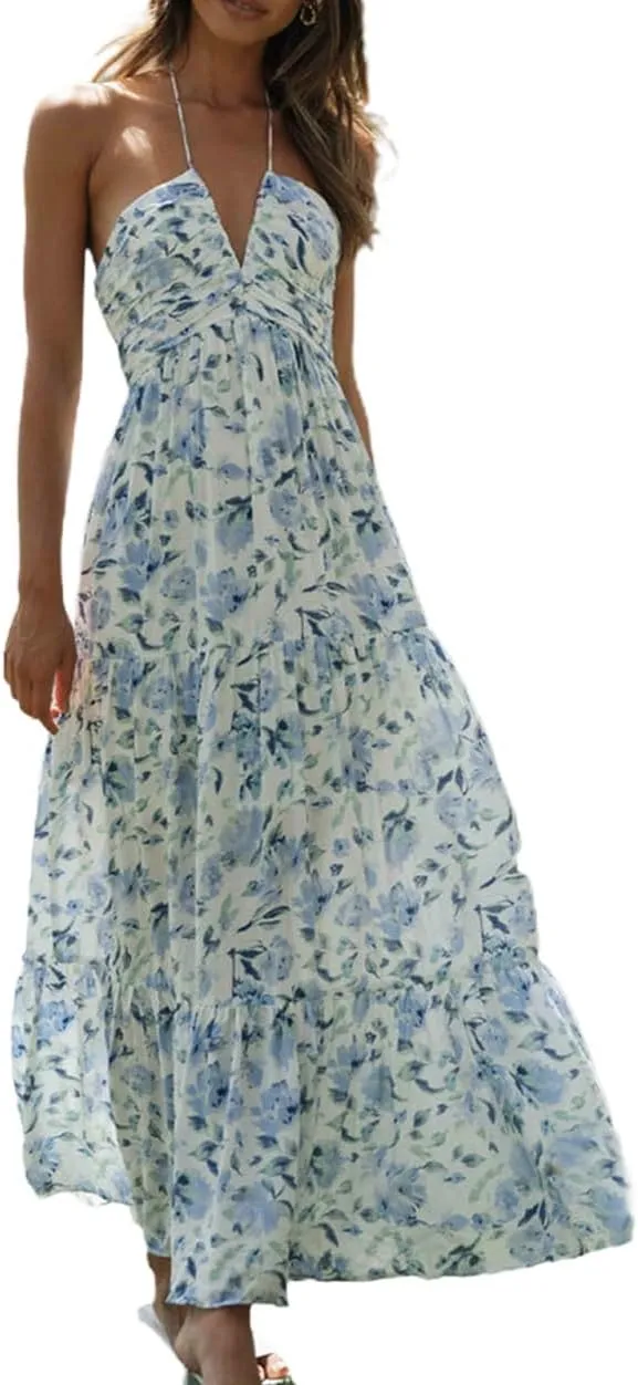 Juakoso Women Sexy Sleeveless Halter Neck Maxi Dress Backless Ruffle Hem Tiered Flowy Long Dress Summer Low Cut Sundress