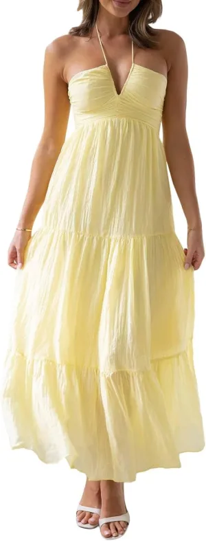 Juakoso Women Sexy Sleeveless Halter Neck Maxi Dress Backless Ruffle Hem Tiered Flowy Long Dress Summer Low Cut Sundress