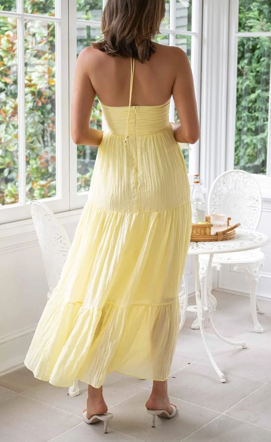 Juakoso Women Sexy Sleeveless Halter Neck Maxi Dress Backless Ruffle Hem Tiered Flowy Long Dress Summer Low Cut Sundress
