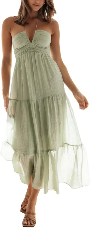 Juakoso Women Sexy Sleeveless Halter Neck Maxi Dress Backless Ruffle Hem Tiered Flowy Long Dress Summer Low Cut Sundress
