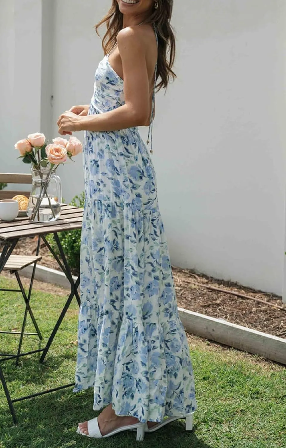 Juakoso Women Sexy Sleeveless Halter Neck Maxi Dress Backless Ruffle Hem Tiered Flowy Long Dress Summer Low Cut Sundress