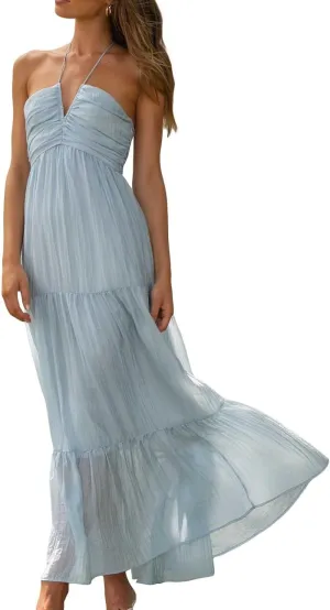 Juakoso Women Sexy Sleeveless Halter Neck Maxi Dress Backless Ruffle Hem Tiered Flowy Long Dress Summer Low Cut Sundress