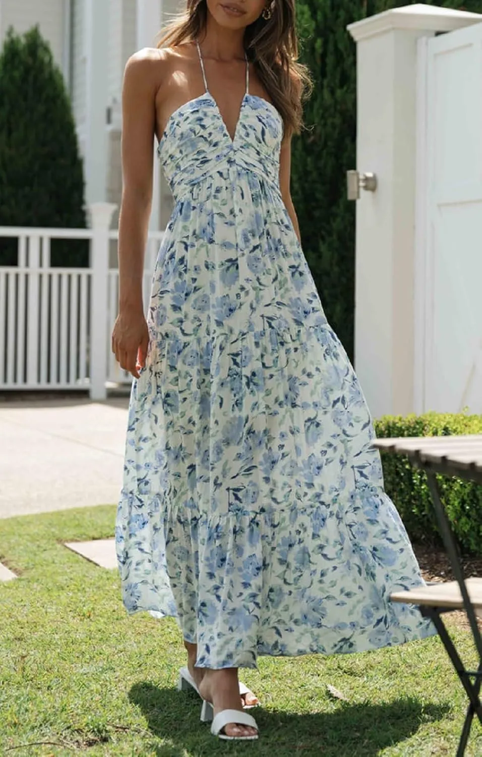 Juakoso Women Sexy Sleeveless Halter Neck Maxi Dress Backless Ruffle Hem Tiered Flowy Long Dress Summer Low Cut Sundress