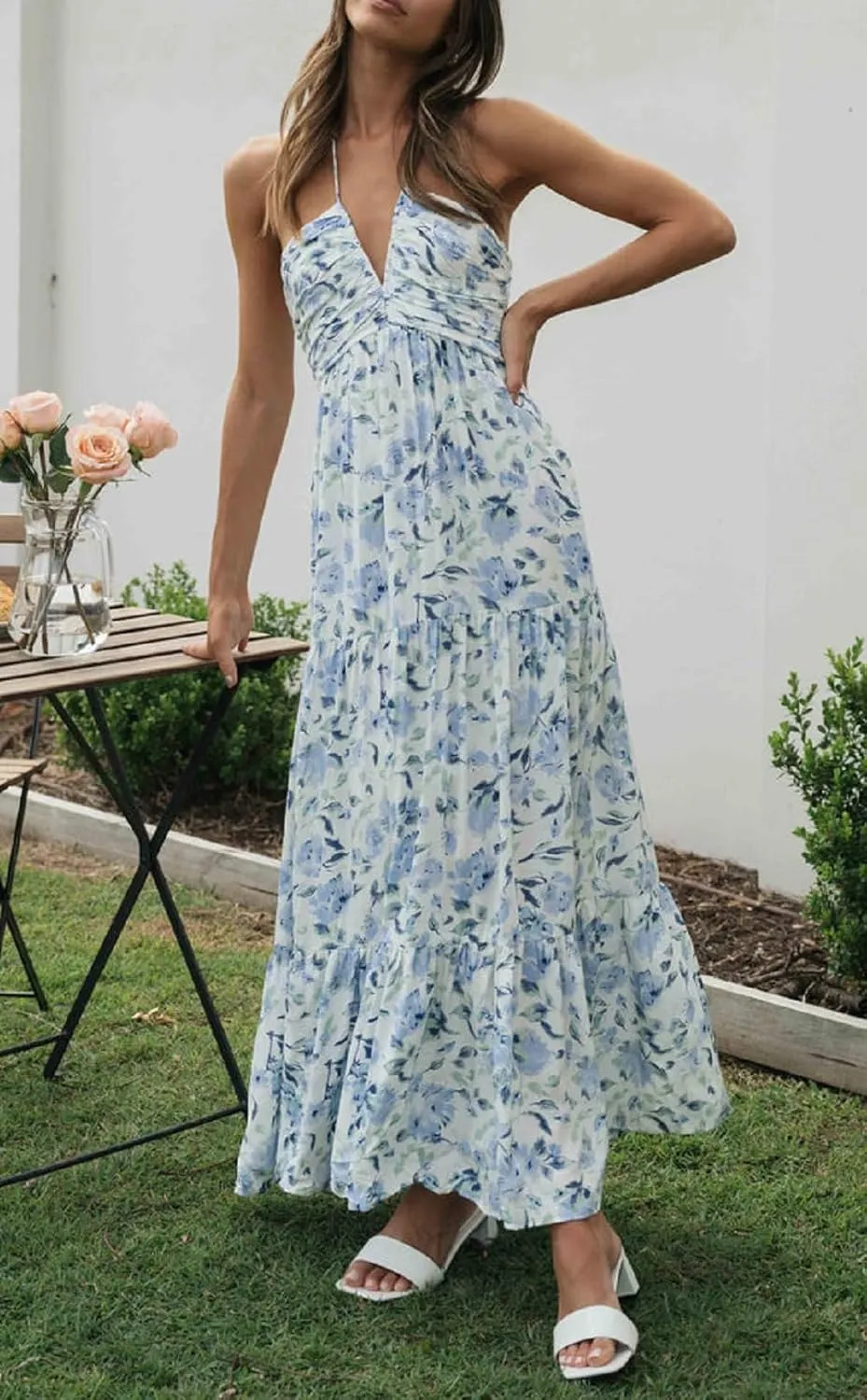 Juakoso Women Sexy Sleeveless Halter Neck Maxi Dress Backless Ruffle Hem Tiered Flowy Long Dress Summer Low Cut Sundress