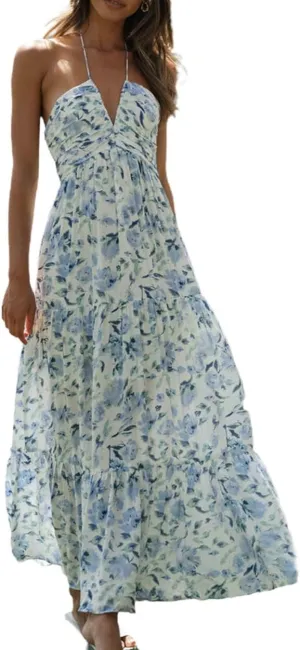 Juakoso Women Sexy Sleeveless Halter Neck Maxi Dress Backless Ruffle Hem Tiered Flowy Long Dress Summer Low Cut Sundress
