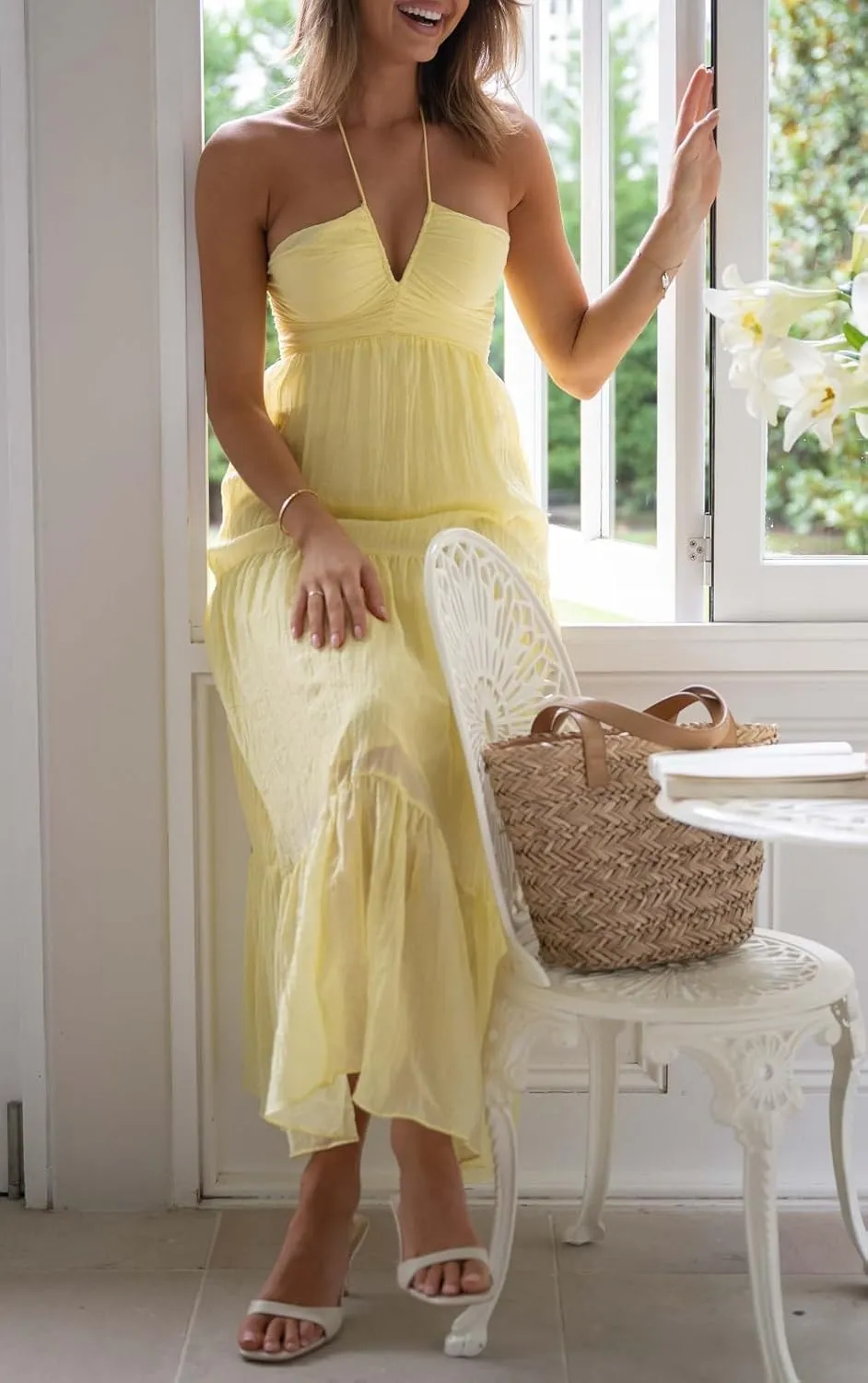 Juakoso Women Sexy Sleeveless Halter Neck Maxi Dress Backless Ruffle Hem Tiered Flowy Long Dress Summer Low Cut Sundress