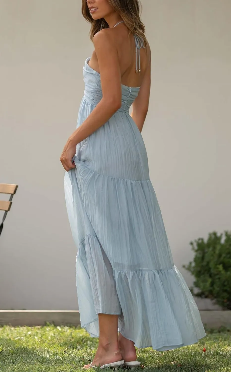 Juakoso Women Sexy Sleeveless Halter Neck Maxi Dress Backless Ruffle Hem Tiered Flowy Long Dress Summer Low Cut Sundress