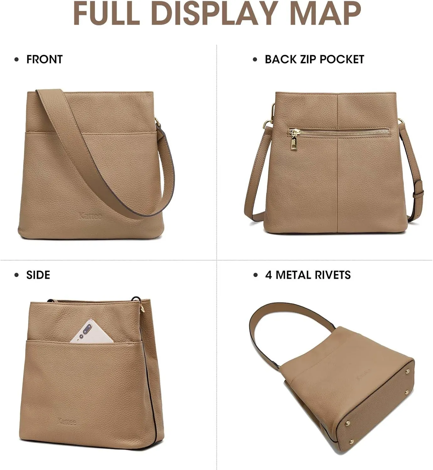 Kattee Leather Handbags for Women, Soft Shoulder Tote Crossbody Purses Bucket Bags with 2 Straps