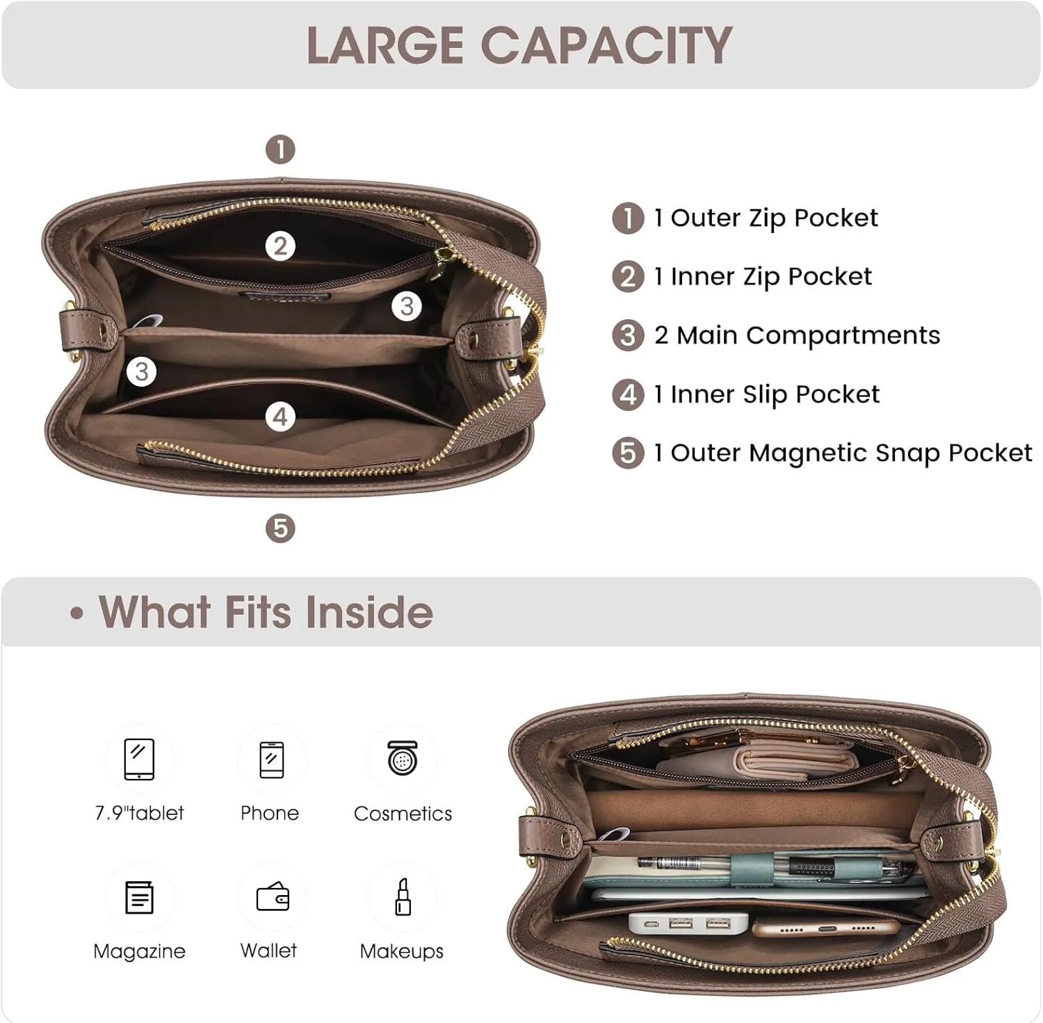 Kattee Leather Handbags for Women, Soft Shoulder Tote Crossbody Purses Bucket Bags with 2 Straps