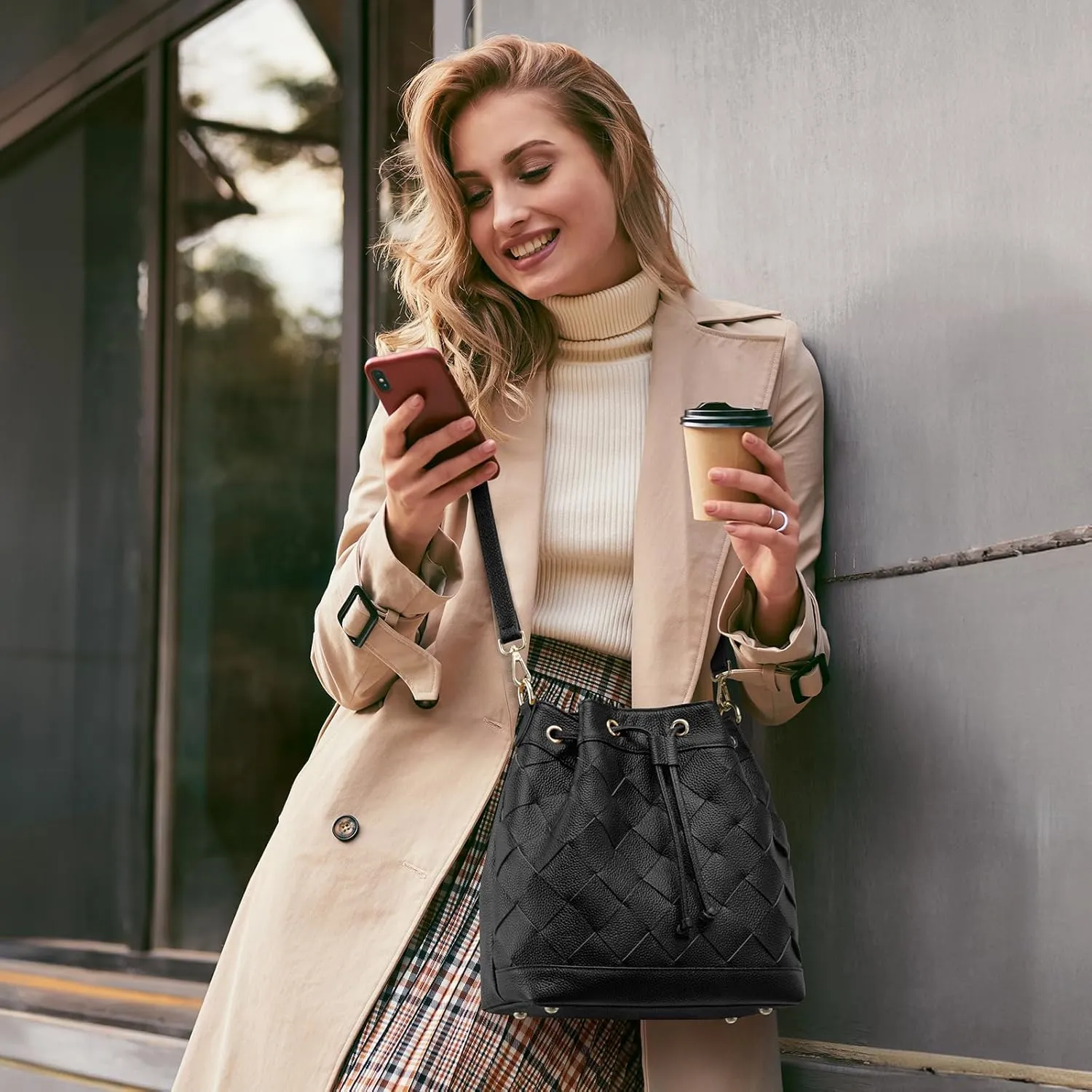 Kattee Woven Leather Bucket Bags for Women, Drawstring Crossbody Hobo Purses and Shoulder Handbags with 2 Straps