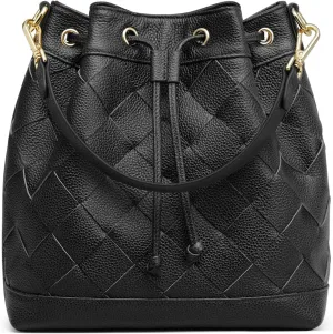 Kattee Woven Leather Bucket Bags for Women, Drawstring Crossbody Hobo Purses and Shoulder Handbags with 2 Straps