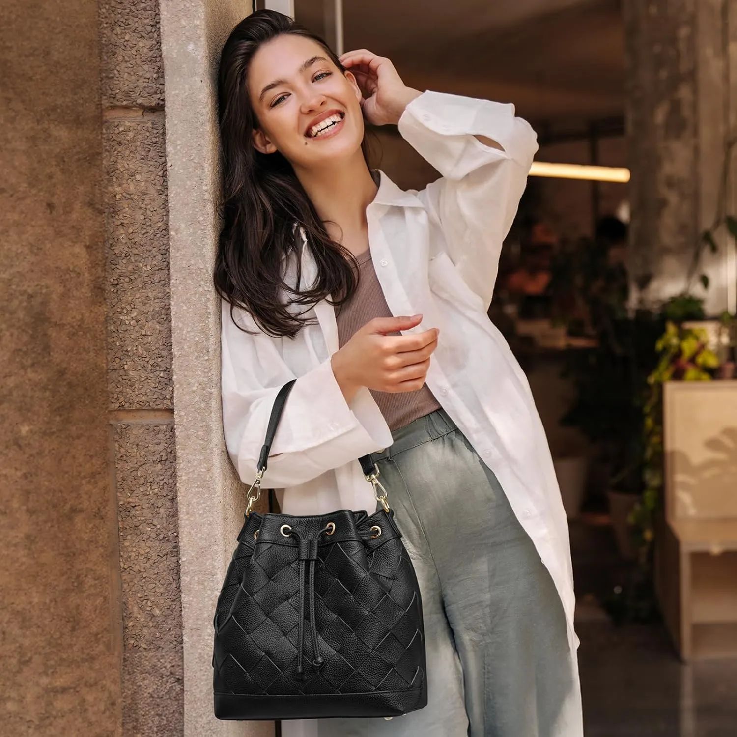 Kattee Woven Leather Bucket Bags for Women, Drawstring Crossbody Hobo Purses and Shoulder Handbags with 2 Straps