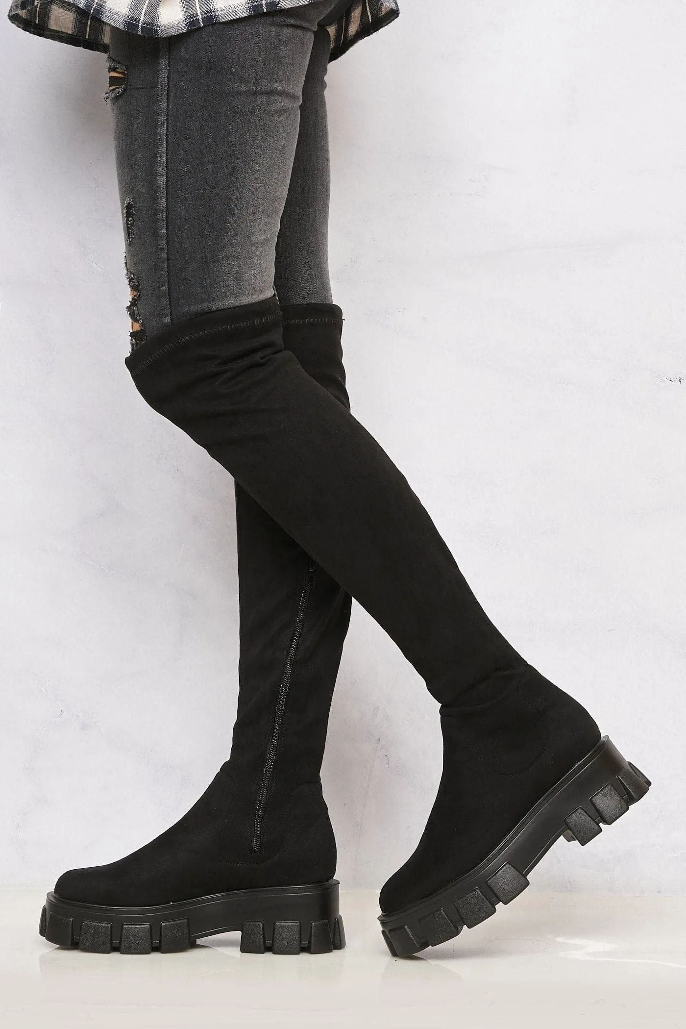 Keely Lycra Stretch OTK Boot in Black Suede