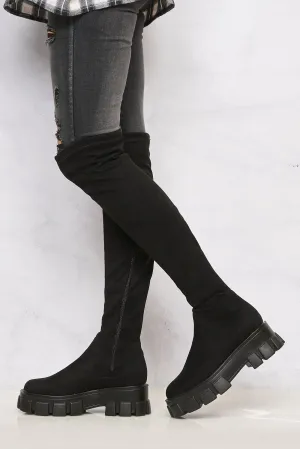 Keely Lycra Stretch OTK Boot in Black Suede