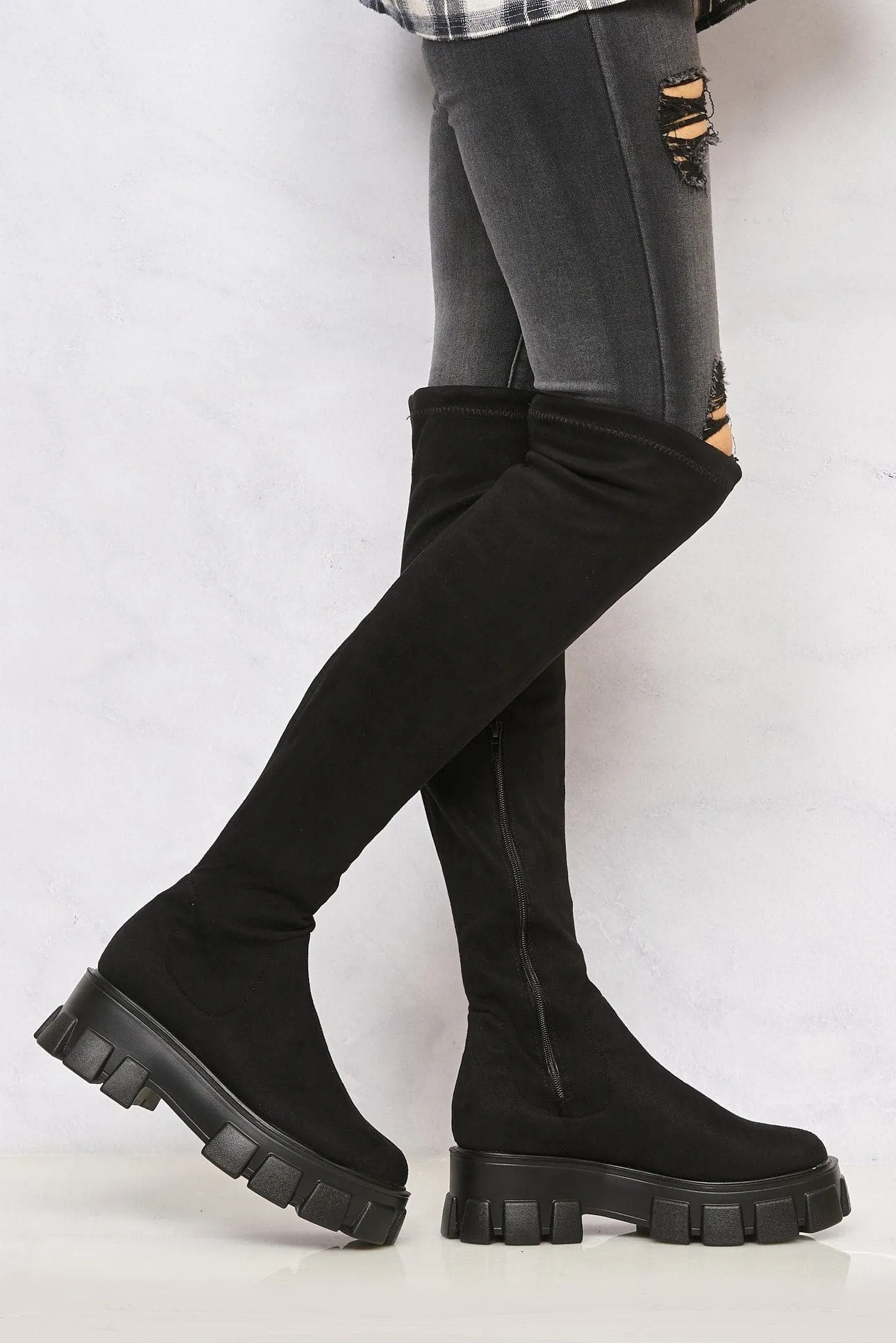 Keely Lycra Stretch OTK Boot in Black Suede